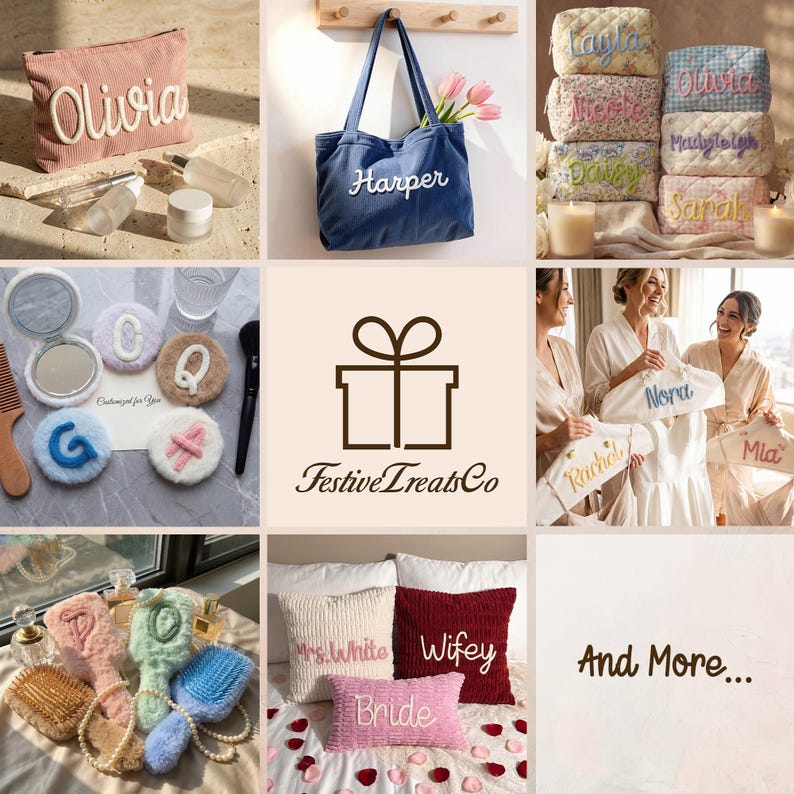 May include: A collage of personalized items including corduroy pouches, a blue tote bag with the name Harper, quilted floral and gingham pouches with names, fuzzy letter patches, bridal robes with names, hairbrushes, and throw pillows with text.