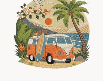 Vintage Surf Van Embroidery Design, Tropical Beach Camper Embroidery File, Summer Vacation Coastal Pattern