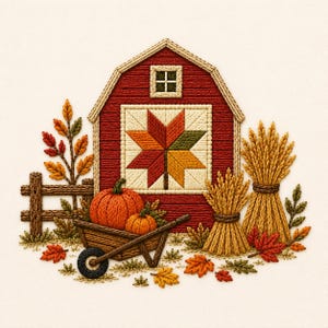 May include: An embroidery design featuring a red barn with a star quilt block, a wooden wheelbarrow holding two orange pumpkins, a brown fence, and golden wheat sheaves. The scene is accented with colorful autumn leaves in shades of red, orange, and green.