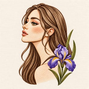 Könnte beinhalten: Ein Stickdesign, das das Profil einer Person mit langem braunem Haar und weichen Gesichtszügen zeigt, neben einer leuchtend violetten Irisblüte mit gelben Akzenten und grünen Blättern, ausgeführt mit detaillierter Fadenarbeit.