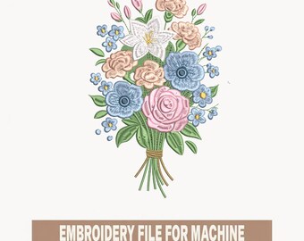Floral Bouquet Embroidery Design, Mixed Flowers Embroidery File, Elegant Flower Arrangement, Botanical Machine Embroidery Pattern