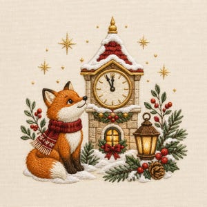 May include: An embroidery design featuring a fox with a red scarf sitting next to a stone clock tower. The scene includes a glowing lantern, green pine branches, red berries, and a pinecone, all set against a cream background with gold stars.