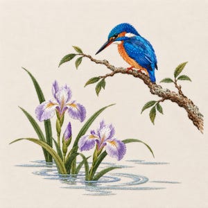 Puede incluir: Un diseño de bordado que presenta un martín pescador azul y naranja vibrante posado en una rama marrón texturizada sobre dos flores de iris moradas y blancas con hojas verdes, sobre un fondo crema claro con ondas de agua azules.