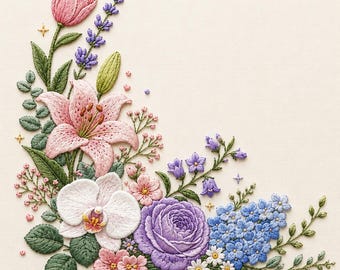 Pastel Floral Corner Embroidery Design, Rose Lily Orchid Flower Bouquet Pattern, Elegant Botanical Embroidery Decor