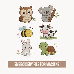 Puede incluir: Colección de seis diseños de animales bordados: un búho, un koala, una abeja, una vaca, un conejo y una tortuga. Los diseños son de estilo caricatura con colores suaves. El texto en la parte inferior dice "EMBROIDERY FILE FOR MACHINE".