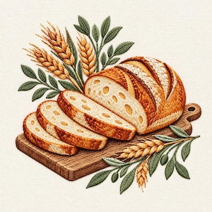 May include: An embroidery design featuring a golden brown loaf of bread with three sliced pieces resting on a wooden cutting board. The scene is decorated with detailed stalks of wheat and green leaves surrounding the bread.
