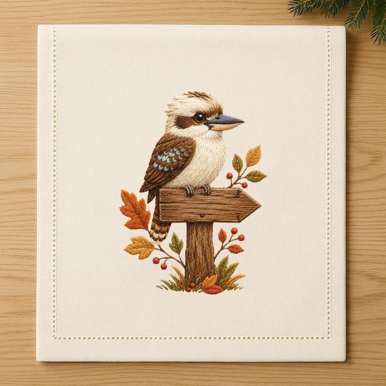 May include: A square off-white fabric panel featuring an embroidered kookaburra perched on a wooden signpost. The bird has brown and cream feathers with a blue wing patch. The sign is surrounded by embroidered autumn leaves and small red berries.
