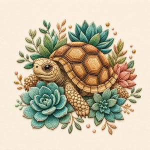 May include: An embroidery design featuring a tan tortoise with a brown patterned shell surrounded by teal and pink succulent plants and small leafy sprigs. The detailed stitching creates a textured appearance of the animal and the surrounding flora.
