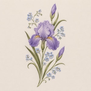 Peut inclure: Une broderie représentant un grand iris violet central avec des accents jaunes, entouré de petites fleurs myosotis bleu clair et de feuilles vertes. La composition comprend deux boutons d'iris violets fermés et des tiges.