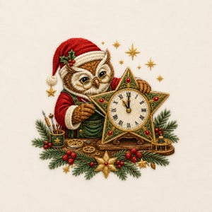 May include: An embroidered illustration of an owl wearing a red Santa hat and green overalls, working on a star-shaped clock with Roman numerals. The scene includes tools, pine branches, red berries, and gold stars on a cream-colored background.