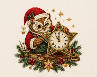 Christmas Owl Clockmaker Embroidery Design, Star Clock Santa Hat Pine Berries Holiday Machine Embroidery File