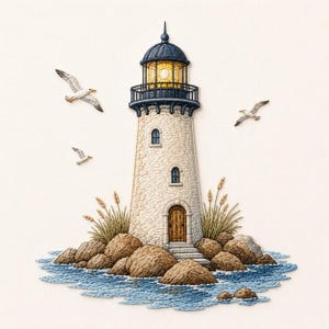 May include: An embroidered patch featuring a lighthouse with a cream-colored stone tower, a dark blue lantern room with a glowing yellow light, and a brown wooden door. The lighthouse sits on brown rocks surrounded by blue water and seagulls.