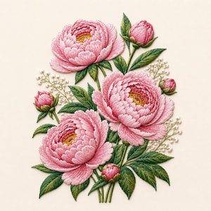 Op de afbeelding: Een gedetailleerd borduurontwerp met drie grote, bloeiende roze pioenrozen met gele harten, vergezeld door verschillende gesloten knoppen en delicate witte takjes, alles op een effen, licht crèmekleurige achtergrond.