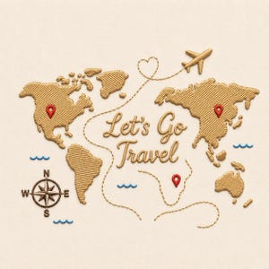 Könnte beinhalten: Gestickte Weltkarte mit dem Text "Let's Go Travel". Die Karte ist in Goldtönen gehalten, mit roten Markierungen und einer Windrose. Eine gestrichelte Linie mit Herz und Flugzeug kennzeichnet Reiserouten.