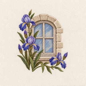 May include: An embroidery design on cream fabric featuring a stone-arched window with blue panes. Beside the window are vibrant purple iris flowers with yellow centers and green leaves, rendered in detailed thread work with textured stitching.