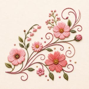 May include: An embroidery design featuring pink flowers with yellow centres, green leaves, and delicate dark pink swirling stems. The composition includes small clusters of buds and scattered circular accents on a plain off-white fabric background.