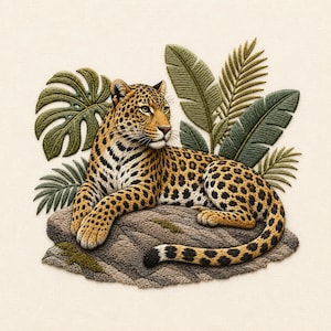 Könnte beinhalten: Eine detaillierte Stickerei, die einen Leoparden mit goldenem Fell und schwarzen Flecken zeigt, der auf einem strukturierten grauen Felsen ruht. Der Leopard ist von verschiedenen grünen tropischen Blättern, darunter Monstera und Palmwedel, auf einem cremefarbenen Stoffhintergrund umgeben.