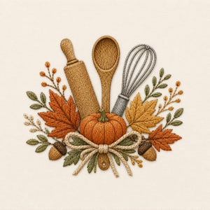 May include: An embroidery design featuring a wooden rolling pin, a wooden spoon, and a metal whisk arranged behind an orange pumpkin. The composition is accented with embroidered autumn leaves, acorns, and a central beige rope-style bow.