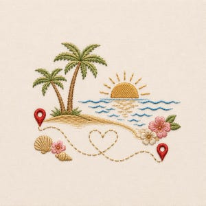 Romantic Beach Travel Map Embroidery Design, Tropical Island Sunset, Palm Trees Heart Route, Vacation Machine Embroidery File