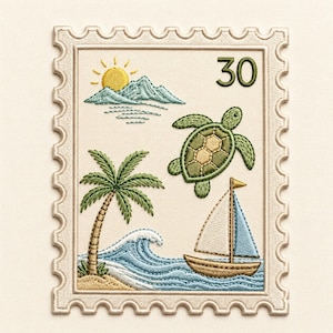 May include: A rectangular embroidered patch shaped like a postage stamp with a cream background. It features a yellow sun, blue mountains, a green sea turtle, a palm tree on a sandy beach, blue ocean waves, a sailboat, and the number 30.