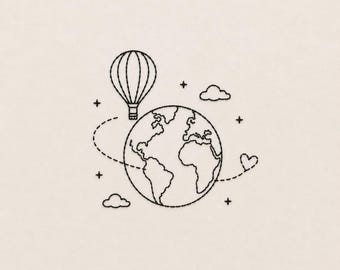 Hot Air Balloon Embroidery Design, World Travel Embroidery File, Minimalist Globe Line Art, Wanderlust Machine Embroidery Pattern