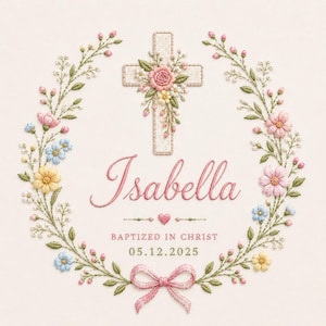 May include: A floral wreath design with a cross and the name "Isabella" in pink script. The design includes a pink bow, heart, and the text "BAPTIZED IN CHRIST 05.12.2025". The wreath features pink, yellow, and blue flowers.