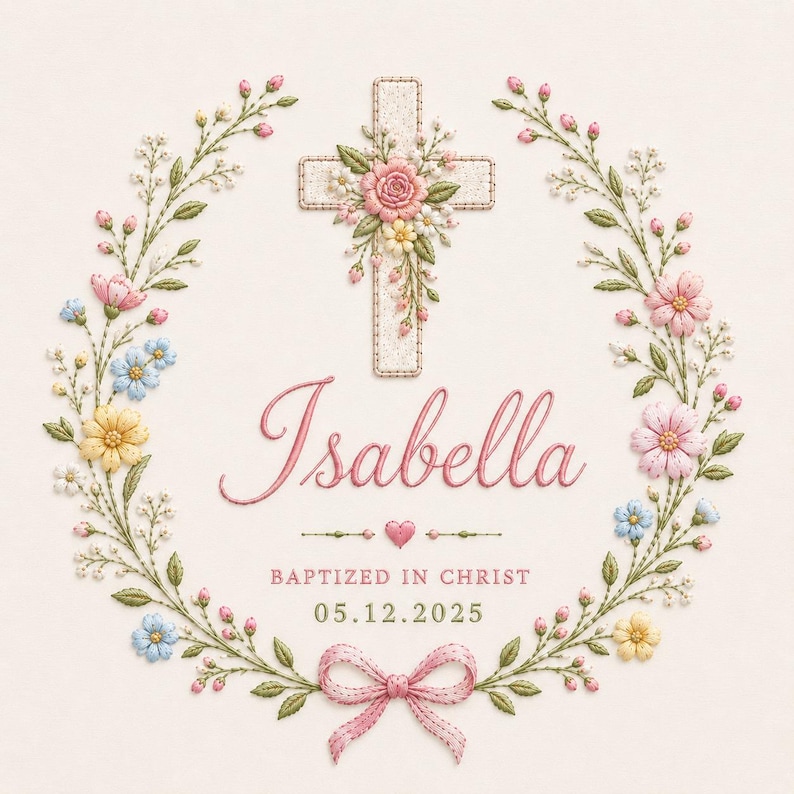 May include: A floral wreath design with a cross and the name "Isabella" in pink script. The design includes a pink bow, heart, and the text "BAPTIZED IN CHRIST 05.12.2025". The wreath features pink, yellow, and blue flowers.