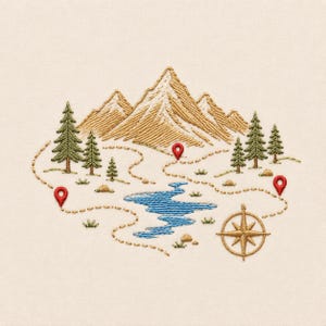Puede incluir: Un diseño bordado sobre tela color crema con montañas color canela, pinos verdes y un lago azul. Un sendero marrón discontinuo serpentea por el paisaje, marcado por tres pines de ubicación rojos. Una rosa de los vientos dorada está abajo a la derecha.