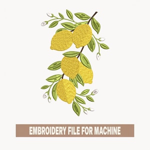 May include: An embroidery design featuring a branch with yellow lemons, green leaves, and small white blossoms. The text "EMBROIDERY FILE FOR MACHINE" is displayed in a brown rectangle at the bottom. The design is on a white background.