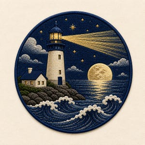 Könnte beinhalten: Ein kreisförmiger gestickter Aufnäher mit einem weißen Leuchtturm auf einer felsigen Klippe bei Nacht. Der Leuchtturm strahlt einen goldenen Lichtkegel über ein dunkelblaues Meer mit weißen Wellenkämmen. Vollmond, Wolken und goldene Sterne am Himmel.