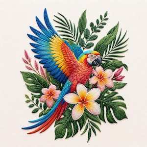 May include: Embroidered artwork of a vibrant macaw with outstretched wings, showcasing blue, yellow, and red plumage. The bird is surrounded by lush green tropical leaves and delicate pink and white flowers, creating a colorful, detailed design.