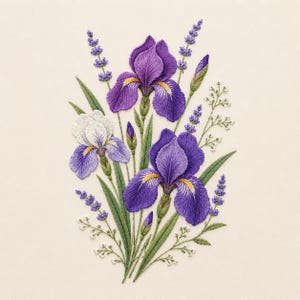 May include: A detailed embroidery design featuring two large purple irises, one white and light purple iris, and several sprigs of lavender and small white flowers with green stems and leaves on a plain light beige fabric background.