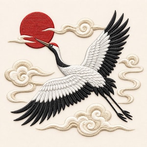 May include: An embroidered patch featuring a red sun and a crane in flight with white and black feathers. The crane has a red crown on its head and is surrounded by stylized cream-colored clouds on a solid off-white fabric background.