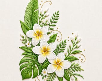 Tropical Plumeria Embroidery Design, Hawaiian Flower Embroidery Pattern, Frangipani Floral Design, Tropical Leaves Embroidery