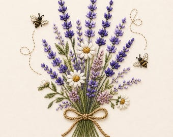 Lavender Bouquet Embroidery Design, Bee and Daisy Embroidery File, Wildflower Lavender Pattern, Cottagecore Machine Embroidery