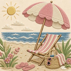 May include: An embroidery design featuring a beach scene with a yellow sun, a pink and white striped beach umbrella, a matching striped lounge chair, a pair of pink flip-flops, a woven basket with heart-shaped sunglasses, and pink flowers.