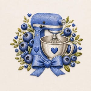 May include: A blue stand mixer with a silver mixing bowl, decorated with a blue bow, heart accents, and a surrounding arrangement of dark blue blueberries and green leaves. The design features a textured, embroidered appearance throughout.