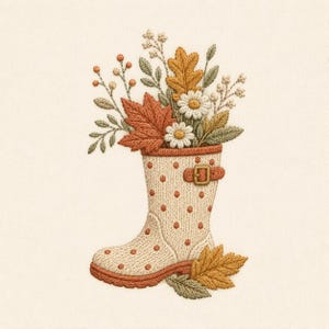 May include: An embroidery design featuring a cream-colored rain boot with orange polka dots and a side buckle, filled with a bouquet of autumn foliage including orange maple leaves, yellow oak leaves, white daisies, and small green sprigs.