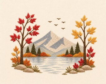 Autumn Mountain Lake Embroidery Design, Fall Landscape Embroidery File, Woodland Nature Scene Machine Embroidery Pattern