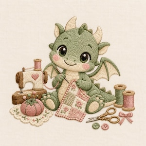 Puede incluir: Un diseño de bordado que muestra un dragón verde claro con cuernos y alas de color crema, cosiendo una colcha floral. La escena incluye una pequeña máquina de coser, un alfiletero rosa, dos carretes de hilo, tijeras doradas, botones y un lazo.