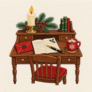 May include: An embroidered scene of a wooden desk with a chair, featuring an open book, a fountain pen, a red envelope with holly, a red mug with marshmallows, a lit candle in a gold holder, and pine branches with a pinecone and red berries.