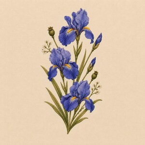 Puede incluir: Una ilustración botánica de tres flores de iris de color azul vibrante con centros amarillos, tallos verdes y hojas largas. El arreglo incluye pequeños racimos de flores blancas y varios capullos cerrados sobre un fondo beige claro.