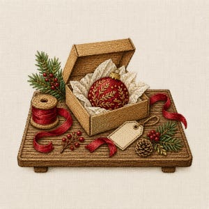 May include: An embroidered illustration of a red Christmas ornament with gold leaf patterns inside a tan gift box. The scene includes a spool of red ribbon, a blank gift tag, pine branches with red berries, and a pinecone on a textured base.