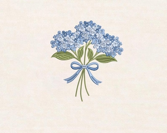 Blue Hydrangea Embroidery Design, Floral Bouquet with Ribbon Bow, Elegant Flower Embroidery File for Machine