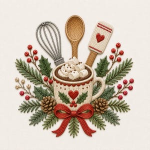 Puede incluir: Un diseño bordado que presenta una taza de chocolate caliente con malvaviscos, un batidor, una cuchara de madera y una espátula. La taza está decorada con un corazón rojo y hojas de acebo, rodeada de ramas de pino, piñas, bayas rojas y un lazo rojo.