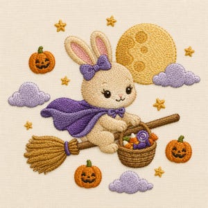 May include: An embroidery design featuring a beige rabbit wearing a purple cape and bow, riding a brown broomstick. The rabbit holds a basket of candy. Surrounding elements include three orange jack-o'-lanterns, a yellow moon, purple clouds, and small yellow stars on a cream background.