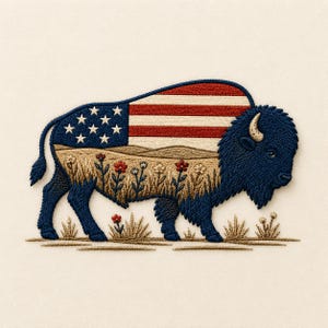 May include: An embroidered patch featuring a side profile of a bison. The upper body displays the American flag with red and white stripes and white stars on a blue field. The lower body depicts a tan prairie landscape with small red and white flowers.