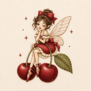 Puede incluir: Ilustración bordada de un hada con cabello castaño y un lazo rojo, guiñando un ojo mientras está sentada en dos cerezas. El hada lleva un vestido rojo y zapatillas de ballet. El fondo es de tela color crema.