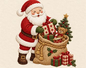 May include: An embroidered illustration of Santa Claus wearing a red suit with white trim and brown boots, holding a gift box. Beside Santa is a large tan burlap sack filled with toys, a teddy bear, a small Christmas tree, and wrapped presents.