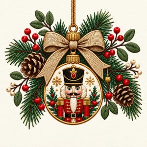 Könnte beinhalten: Ein runder, bestickter Weihnachtsschmuck mit einem Nussknacker in roter Uniform, gekrönt von einer strukturierten beigen Schleife. Das Motiv ist umgeben von grünen Tannennadeln, braunen Tannenzapfen, roten Beeren und kleinen weißen Beeren.